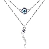 URONE Italian Horn Necklace Sterling Silver Lucky Cornicello Italian Horn Evil Eye Layered Necklace Protection Amulet Jewelry Gifts for Women
