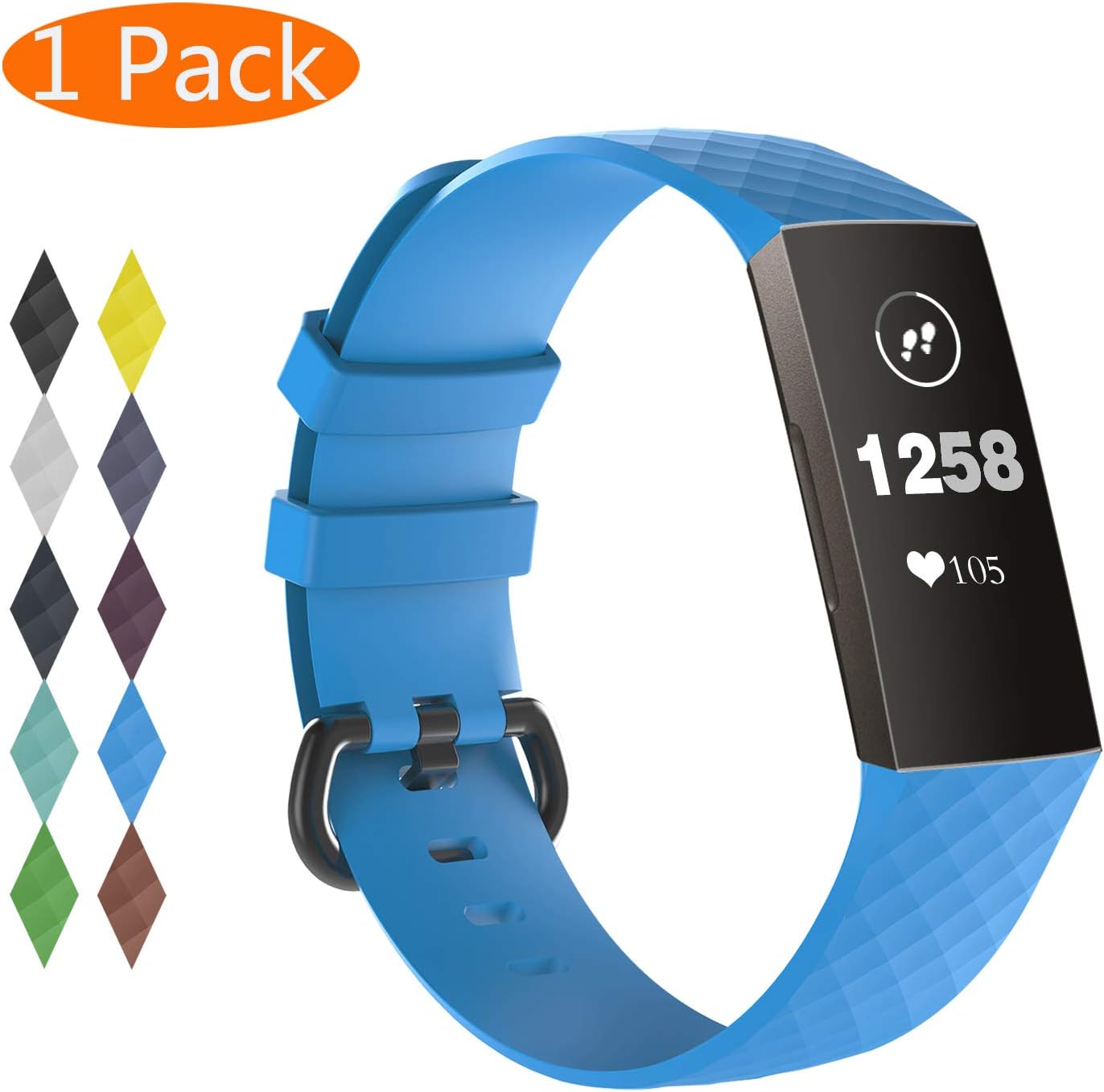 KingAcc Compatible Fitbit Charge 3 Strap/Charge 4 Strap, Soft Silicone Replacement Bands for Fitbit Charge 3/Fitbit Charge 4, Metal Buckle Fitness Sport Wristband Straps Women Men Large Small Black, White, Gray, Blue