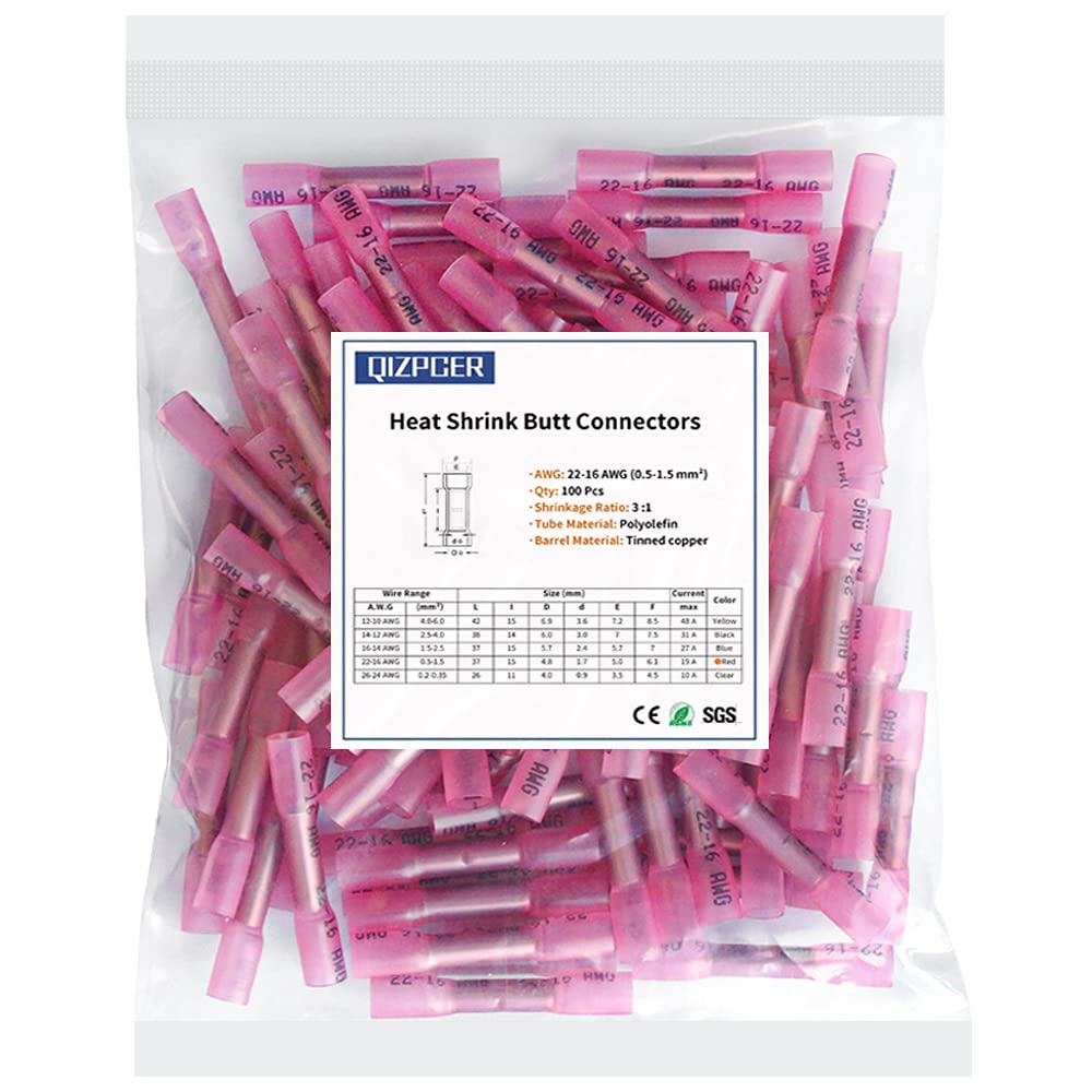 Photo 1 of Heat Shrink Butt Connectors, 22-16 AWG 100 Pcs Red Marine Grade Insulated Crimp Wire Connectors, Waterproof Electrical Connectors Butt Splice for Boat Truck Wiring