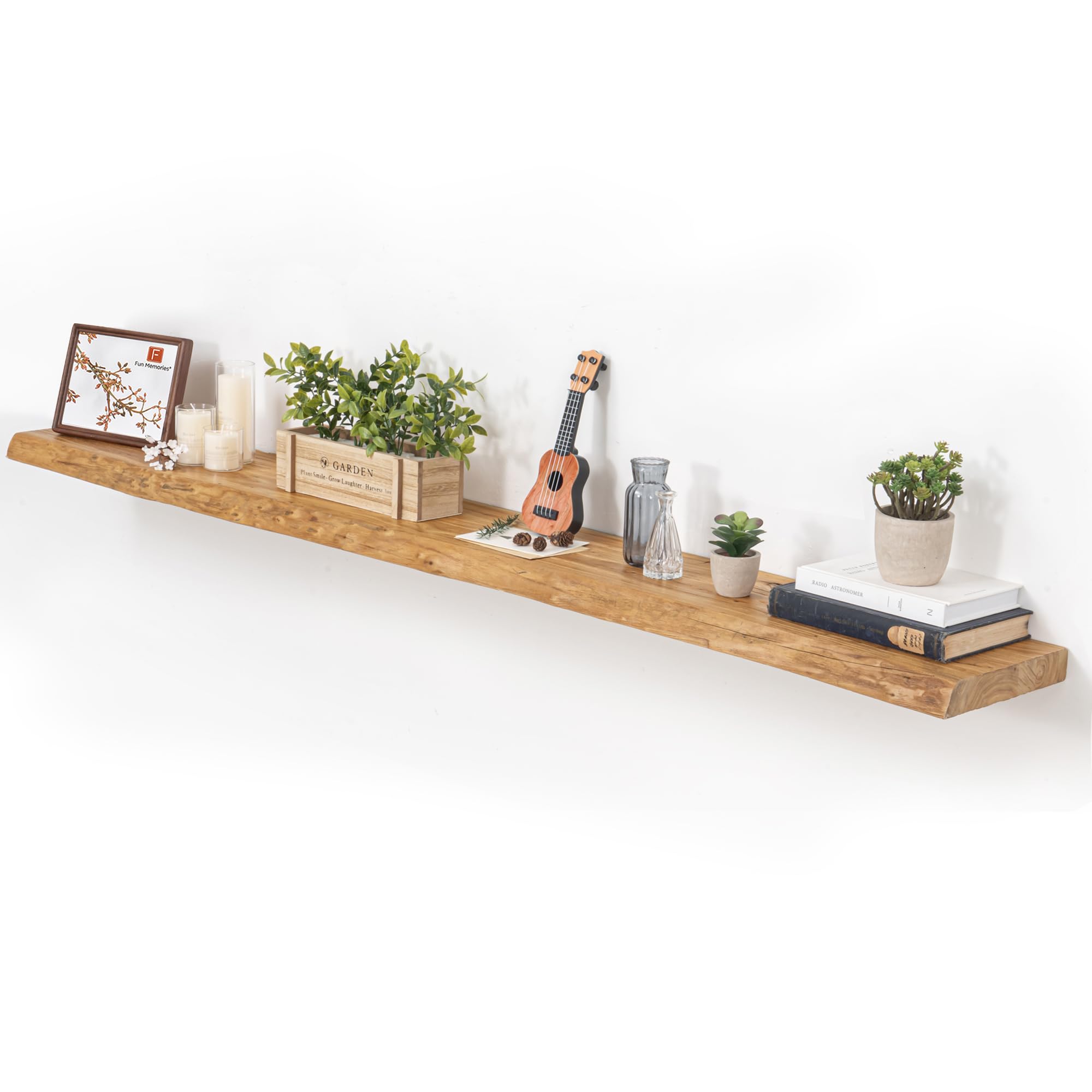 Photo 1 of Floating Shelves for Wall, 72"x9.3" Rustic Solid Live-Edge Elm Wood Wall Shelves, Heavy-Duty Floating Shelves with Invisible Brackets for Living Room, Bedroom, and Kitchen, Natural Finish
