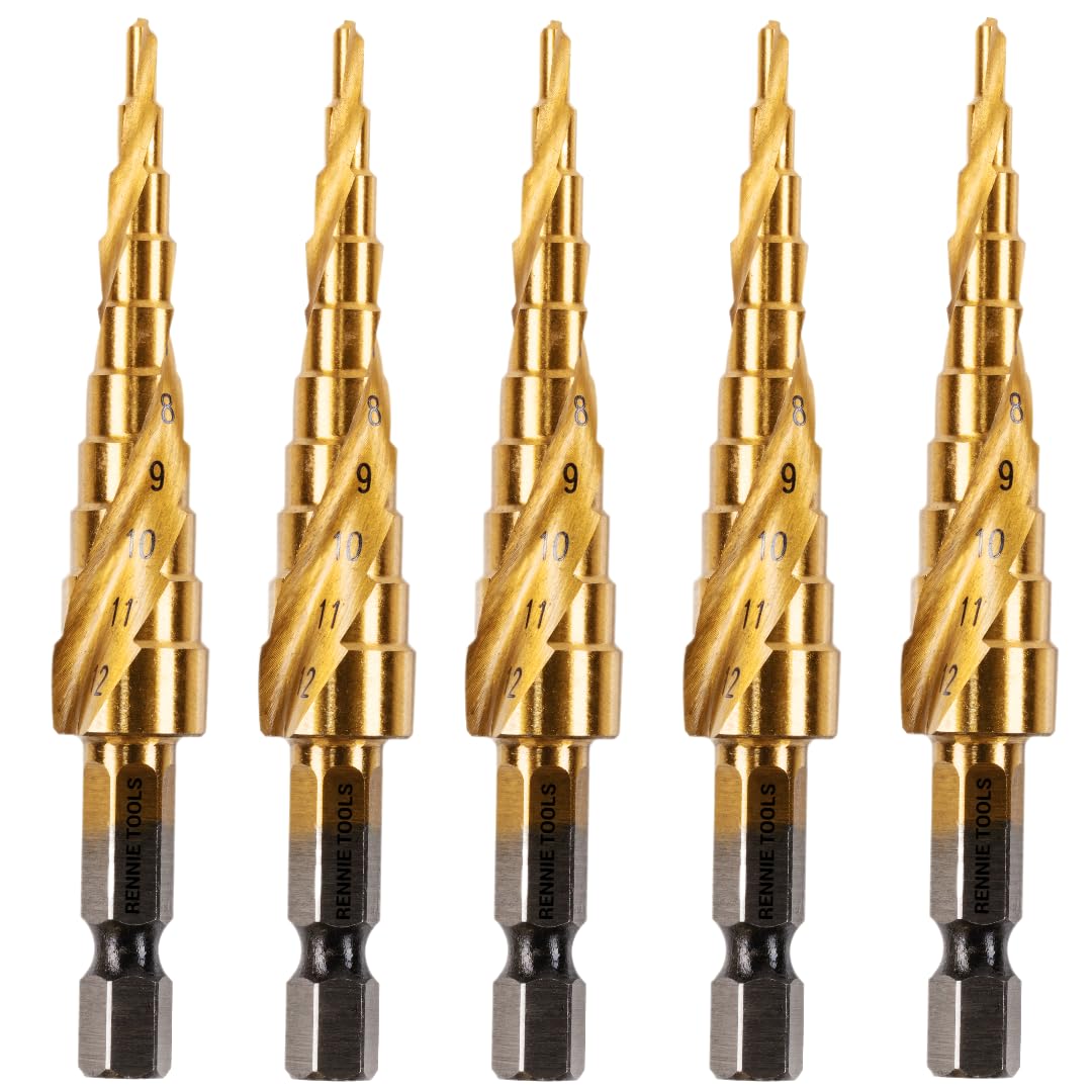 5 Pack - 3mm to 12mm Spiral Flute Step Drill Bits High Speed Steel Titanium Coated, Metric Hex Shank, HSS Tool Set for DIY Plastic Wood Steel Metal Aluminum. Cone Cutter Hole Cutter Drill Bits — image 1