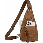 FaroDor Women Small Crossbody Sling Bags PU Leather Suede Chest Bag Lightweight Small Backpack for Casual Traveling Multi-Pocket Packs (Brown)
