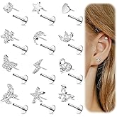 REVOLIA 12Pcs 16G Threadless Cartilage Earrings Stud 14K Gold Plated Tragus Earrings for Women 316L Stainless Steel Flat Back Earrings Stud Helix Conch Cartilage Piercing Jewelry Set 6/8mm