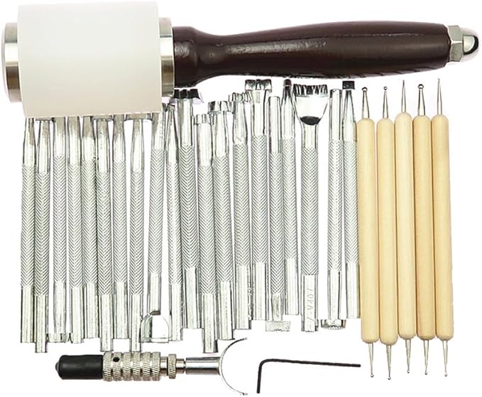 JIAN YA NA 27PCS/Set Manual Leather Craft Carving Stamp Hammer Embossing Beveler Tools Kit