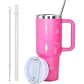 AGH 40 OZ Tumbler with Handle Laser Bull Head Pattern, Stainless Steel Insulated Cup with Lid Straw, Travel Coffee Cup Portable Car Tumbler for Outdoor Camping, Birthday Gift (Rose Red)