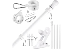 BONWIN White Flag Pole Kit for House, 5FT Thickened Stainless Steel Outside Wall Mount Flagpole for 3x5' Flag, 1" Tangle Free Rotating Flag Pole Rings & 2-Position Bracket Holder for Porch Residential