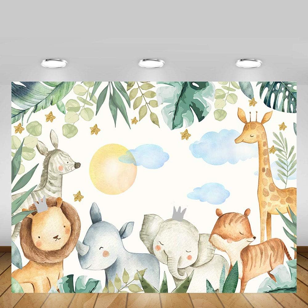 MEHOFOTO Safari Birthday Party Backdrop Jungle Wild One Animals Boy Baby Shower Watercolor Photography Background Green Leaves Cloud Sun Photo Booth Banner for Dessert Table Supplies 7x5ft - Image 3