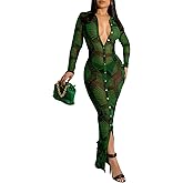 JerXox Womens Sexy Sheer Mesh Stretchy Printed Maxi Dresses Button Down Swimwear Cover Ups