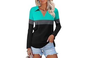 ORANDESIGNE Women's Long Sleeve Polo Shirts Casual Color Block V Neck Tops Fall Collar Ladies Tunics Tees