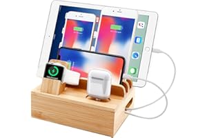 Sendowtek Bamboo Charging Station for Multi Devices 6 in 1 USB A Port Charger Station Compatible with Apple Tablet Watch Holder Phone Wood Charger Organizer Docking Station with Power Supply
