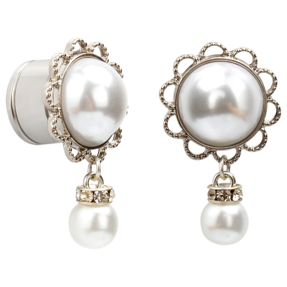 KUBOOZ Pearl Pendant Ear Piercing Jewelry Stainless Steel Tunnels and Plugs Ear Expander Reamer Guages 1/2"