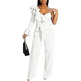 chicyes Women's Jumpsuits Dressy Off Shoulder Long Sleeve V Neck Rompers Wide Leg Pants Summer Vacation Sexy Club Outfits