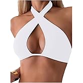 MakeMeChic Women's Halter Bikini Tops Criss Cross Cut Out Tie Backless Summer Swim Top