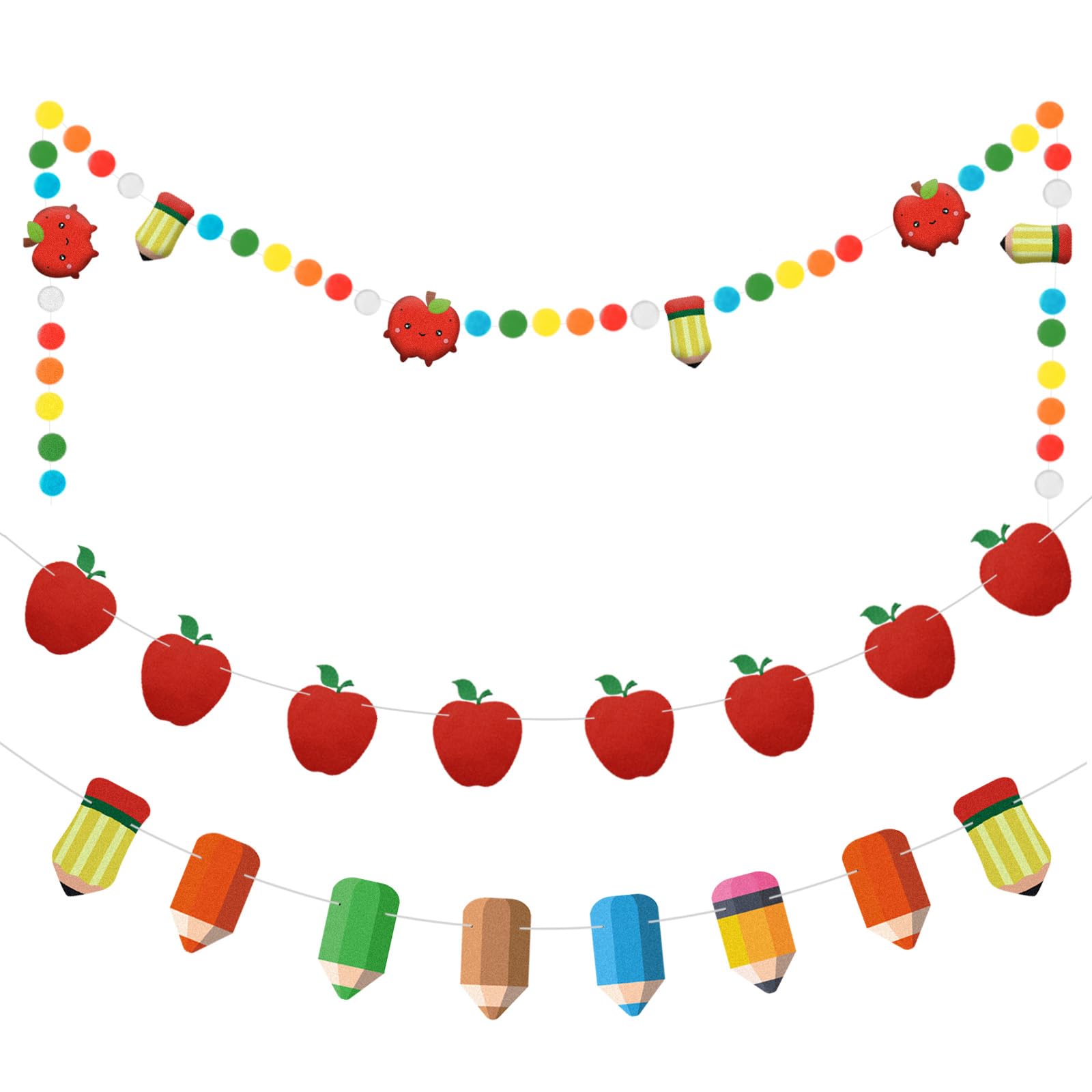 3Pcs Back to School Banner, Felt Ball fruit Pencil Cute Classroom Decor Colorful Hanging Banner Back to School Decorations Banner, for the First Day of School Last Day of School Banner(8.2ft)