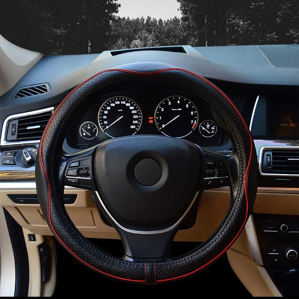 Valleycomfy 15.75 inch Auto Car Steering Wheel Covers Black with Red Lines- Genuine Leather for F-150 Tundra Range Rover.: Automotive