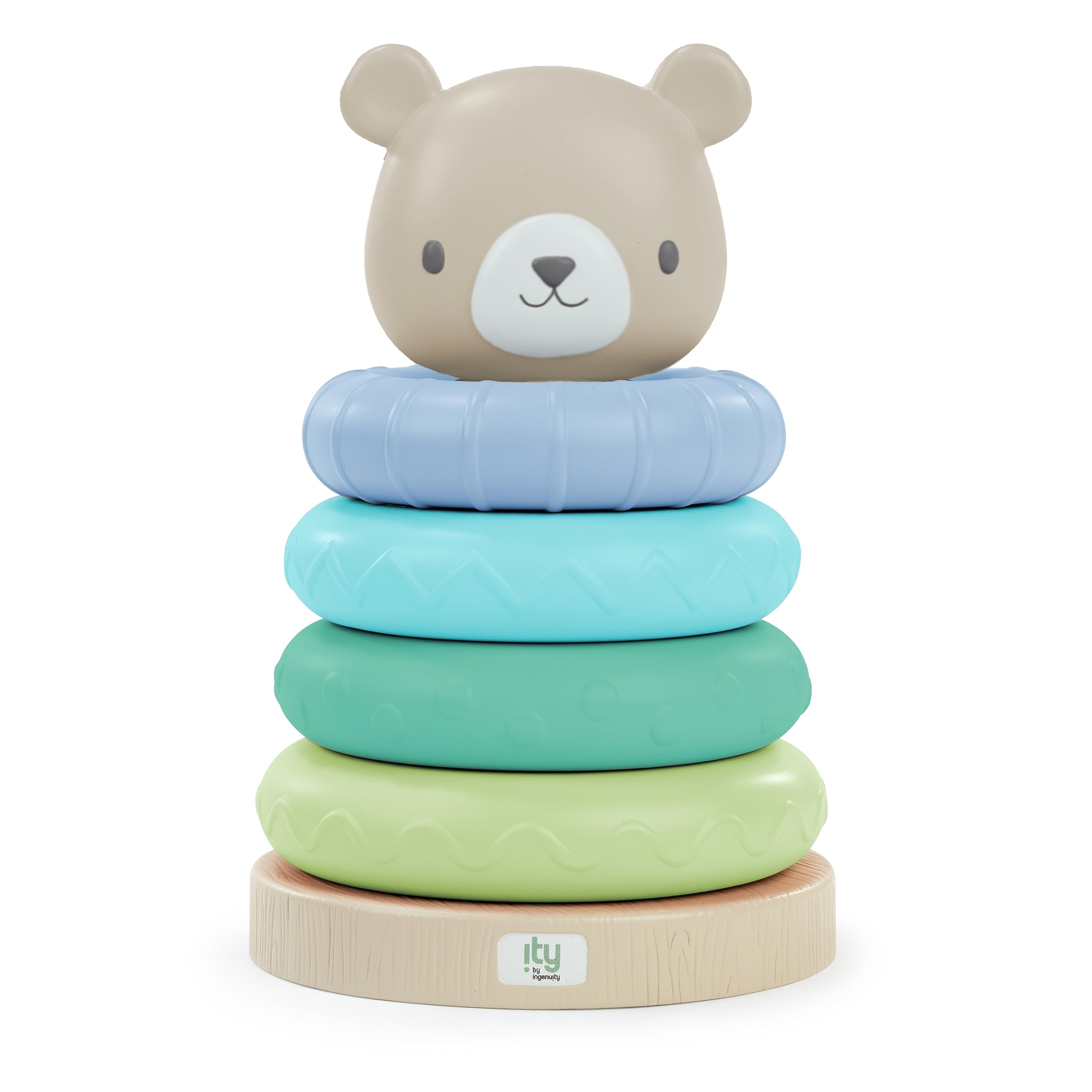 Ingenuity: ity, Cutie Stacks, 4 BPA-Free Rings, Faux Wood Stand, Bear Topper, Unisex, For Ages 6 Months and Up - Nate