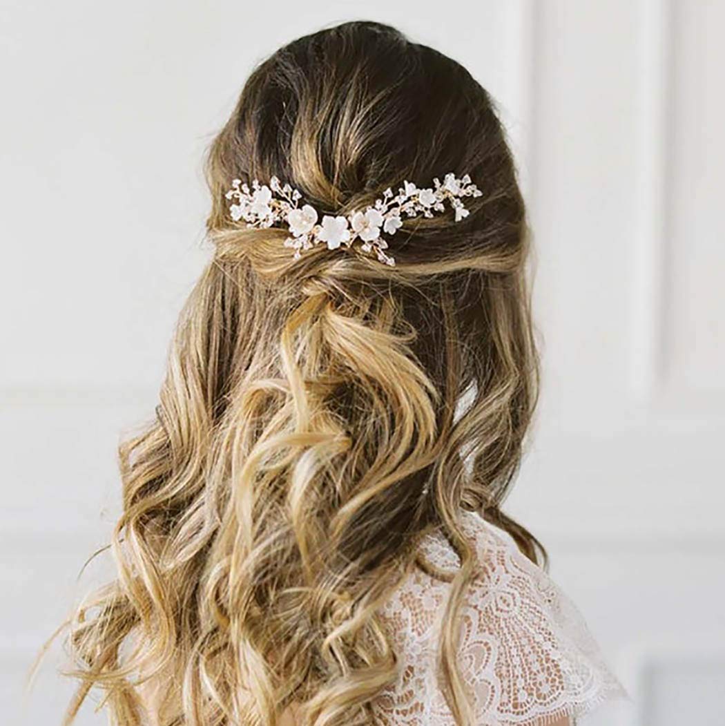 Edary Bride Flower Wedding Hair Vine Silver Beaded Headband Wedding Hair Accessories Bridal Headpiece for Women and Girls