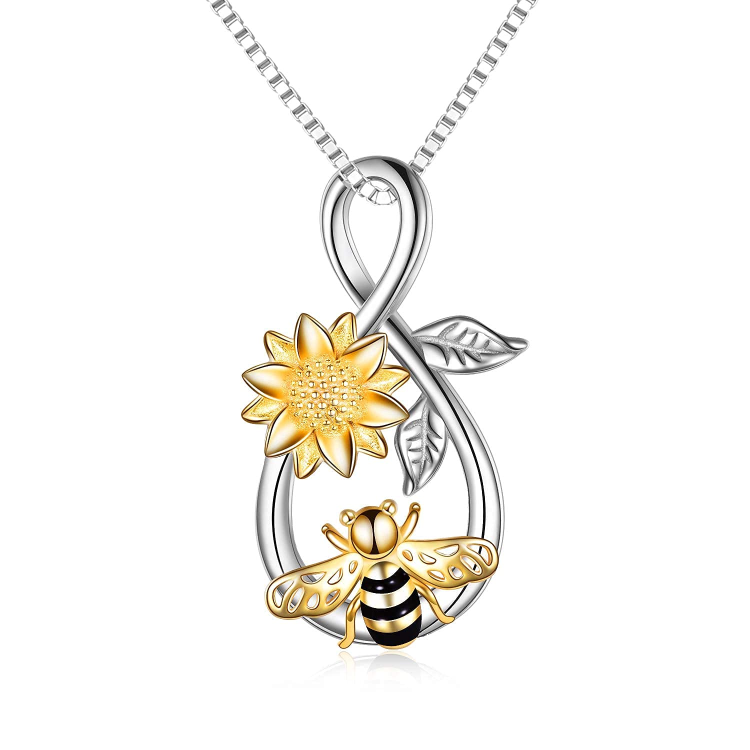 YAFEINI Sunflower Bee Necklace Sterling Silver Sunflower Infinity Love Bee Pendant Necklace Jewellery Gifts for Women Teens