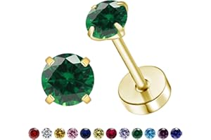 VDKIDKT Flat Back Birthstone Stud Earrings for Women Girls, 3mm Tiny CZ Flat Back Stud Earrings, Screw Back Tiny Earrings Stu