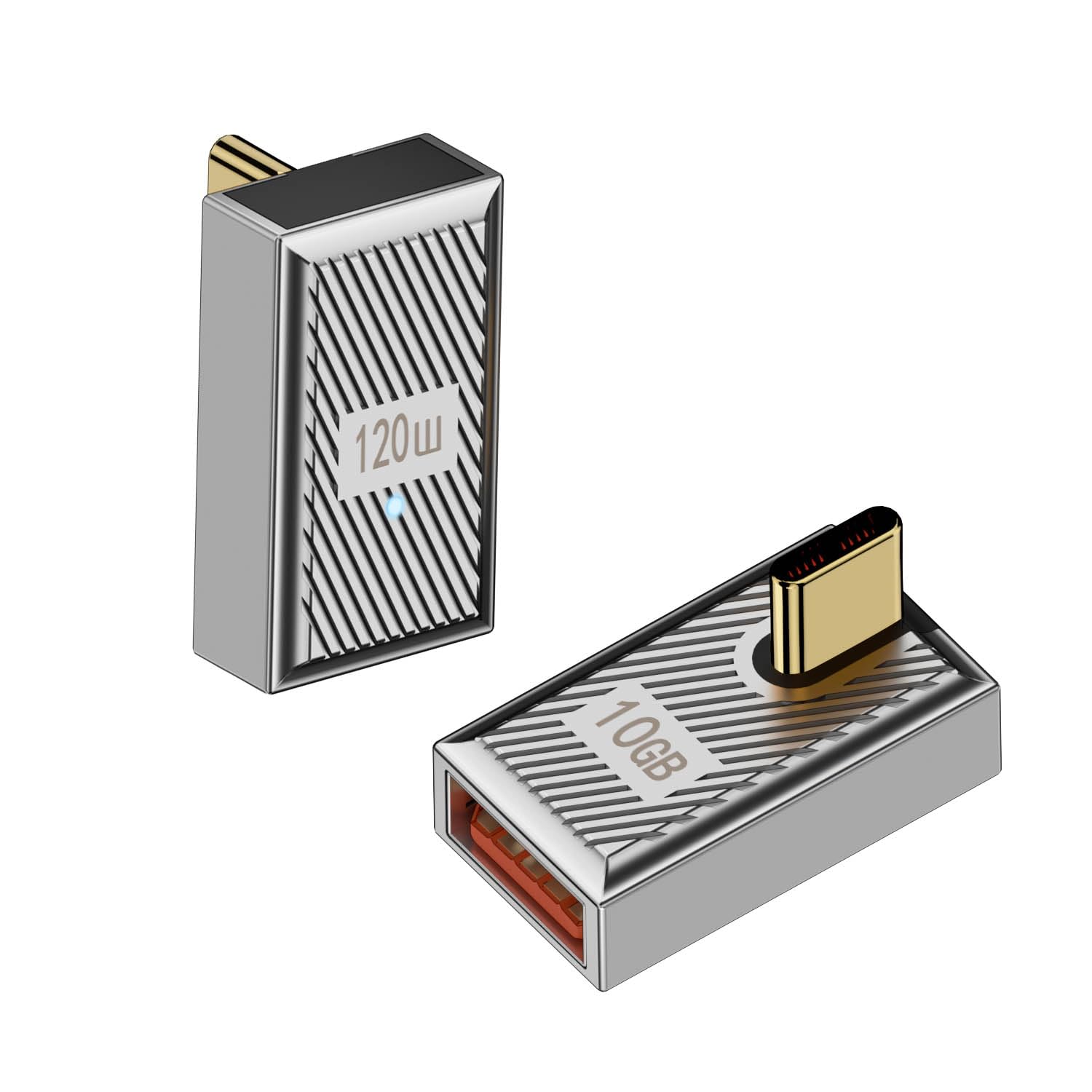 QIANRENON 120W USB C to USB3.1 OTG 90° Angle Adapter 10Gbps USB C Male to USB3.1 Female Right Angle Data Connector Mech Style/Zn Alloy/LED, for Phone Steam Deck Tablet, Silver/Vertical Bend, 2Pcs