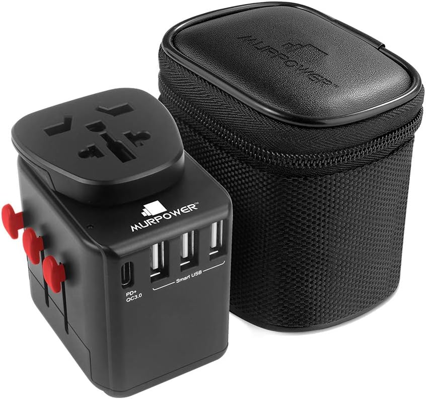 Murpower™ Worldwide Universal 10A Travel Adapter - The Most Powerful & Safest All In One Earthed International Wall Charger - 3 USB Ports and 1 USB-C (PD&QC) Port - USA EU UK AUS (1 Pack, Black)