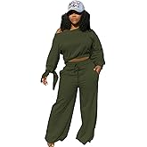 TOPSRANI Womens 2 Piece Outfits Casual Solid Sweatsuits Baggy Long Sleeve Loose Matching Wide Leg Tracksuit Pants Sets