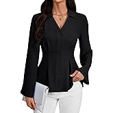 Rooscier Women's Collared V Neck Button Down Pleated Bell Long Sleeve Business Blouses Tops