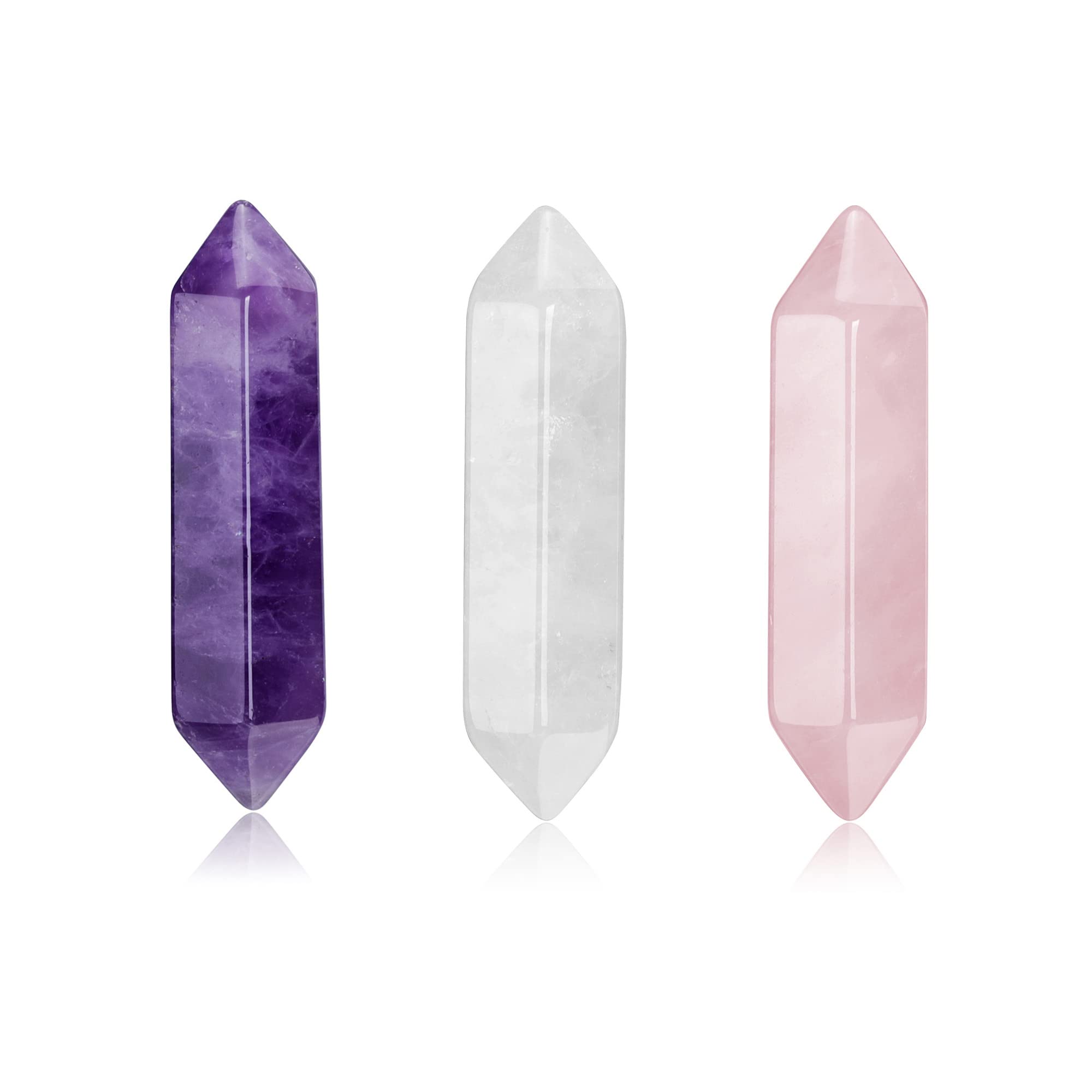 CrystalTears Healing Crystal Wands Hexagonal Natural Amethyst Rose Quartz Clear Quartz Reiki Healing Crystals Points Gemstone Wand Set for Meditation Crystal Therapy Healing Crystals Gift