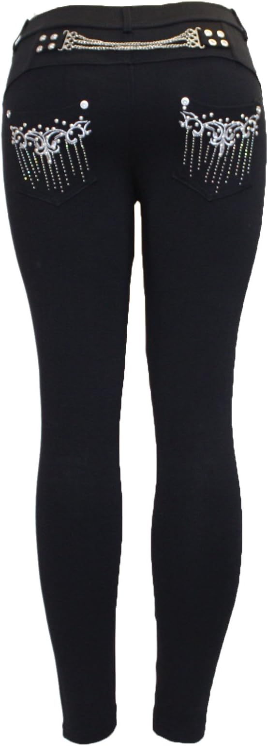Ladies Women's Black Stretchy Chain Zip Diamante Skinny Jeggings Jeans Legging