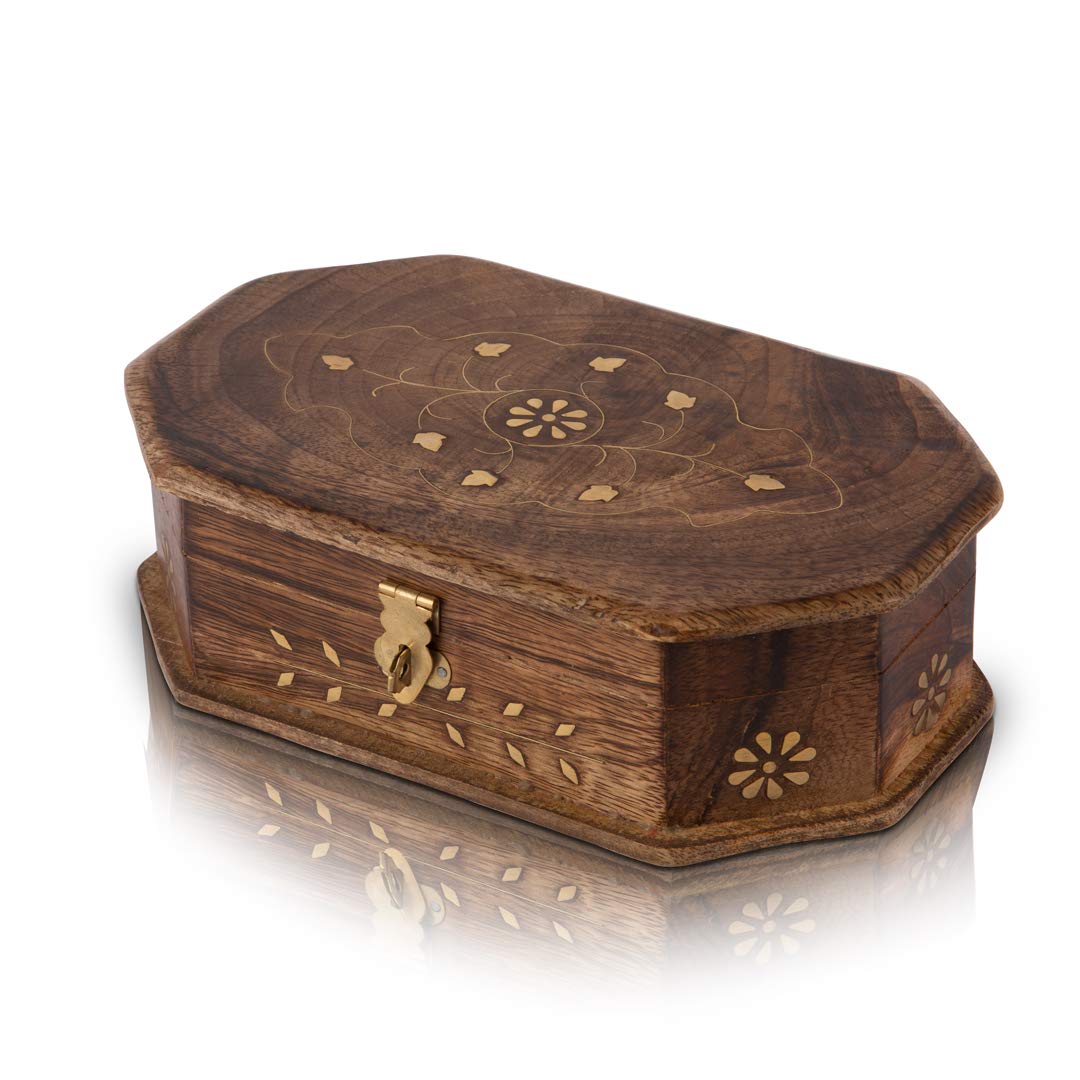Great Birthday Gift Handmade Decorative Wooden Jewellery Keepsake Box With Free Lock & Key Jewellery Organizer Treasure Chest Trinket Holder Lock Watch Box 20.32 x 12.7 Cms