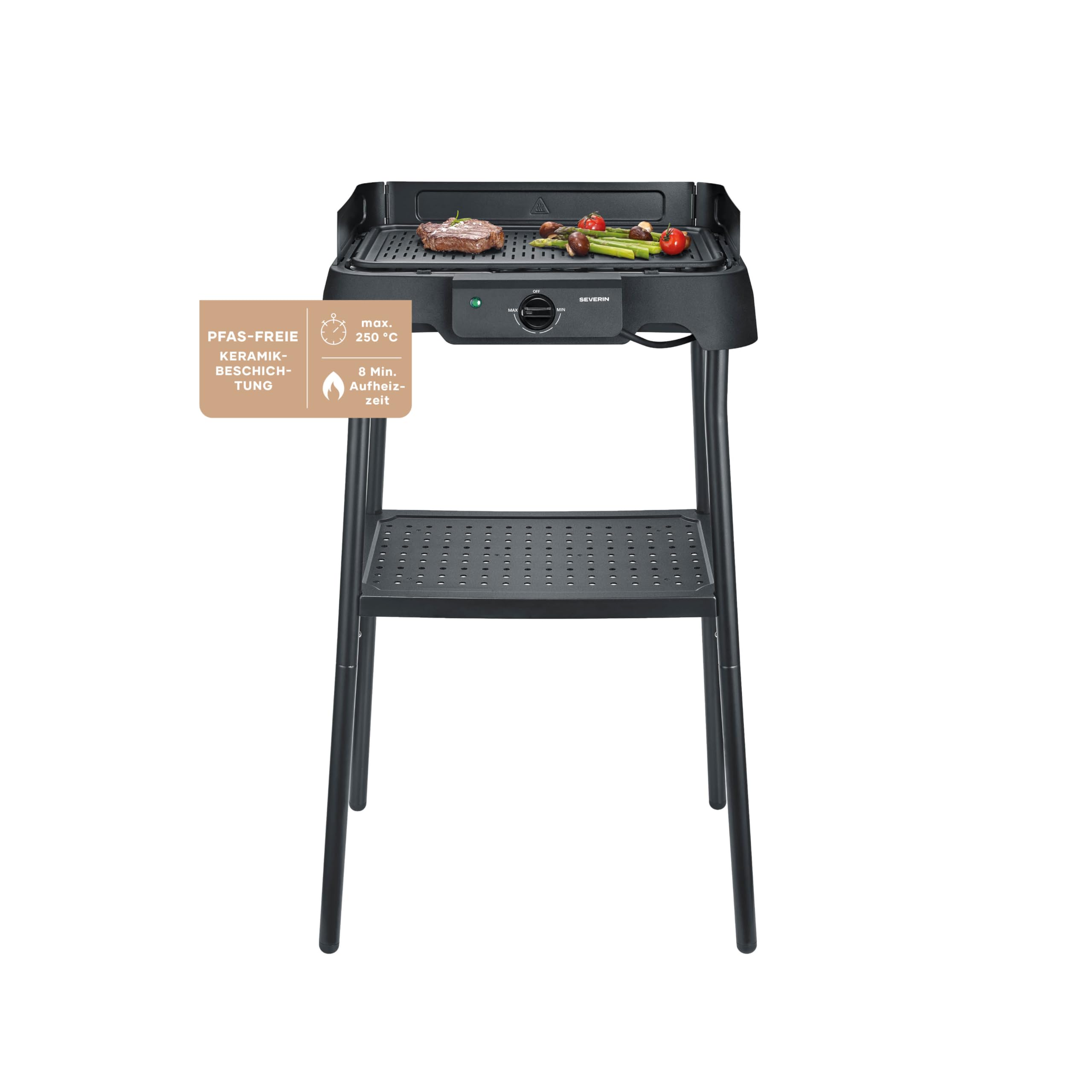 Tischgrill mit Standfuß, Standgrill & Tischgrill (Innen- & Außennutzung), Balkon & Küche, Temperaturen 40-220°C, schnelles Aufheizen, 39x23cm, leichte Reinigung, 2000W, schwarz, PG 8596
