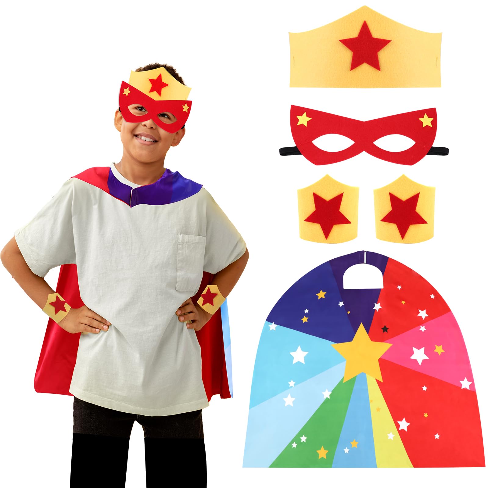 XEPST Superhero Cape for Kids, Superhero Costume Set with Superhero Eye Mask and Cape Crown Wristbands Perfect for Halloween Carnival Cosplay Fancy Dress Up Accessories for Kids 4-10 Years, Boy