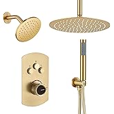 MONDAWE 12 Inch Ceiling Mounted Brushed Gold Shower System, 3-Functions Shower Faucet Set with Rainfall Dual Shower Head and High Pressure Handheld Spray, All Function Can be Used At the Same Time