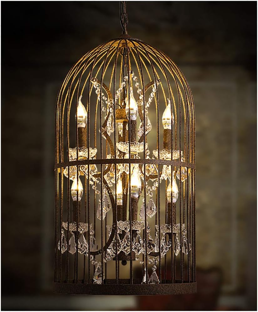 SXMY 8 Lights - Vintage Wrought Iron Birdcage Crystal Chandelier E14 Pendant Lamp Indoor Ceiling Lighting Fixture Decorative Lights for Living Room Bedroom-Rustcolor-45CM