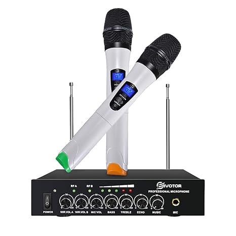 VHF Funkmikrofon Set, EIVOTOR Karaoke Anlage Dual 2 Handmikrofon Set Kabelloses Mikrofon mit 2 Wireless Kanal Handmikrofone f