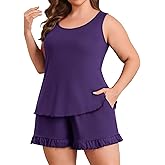 Lastshe Women Plus Size Pajama Set 2 piece Pjs Sleeveless Tank Tops Ruffled Shorts Print Super Soft Lounge Set Loungewear