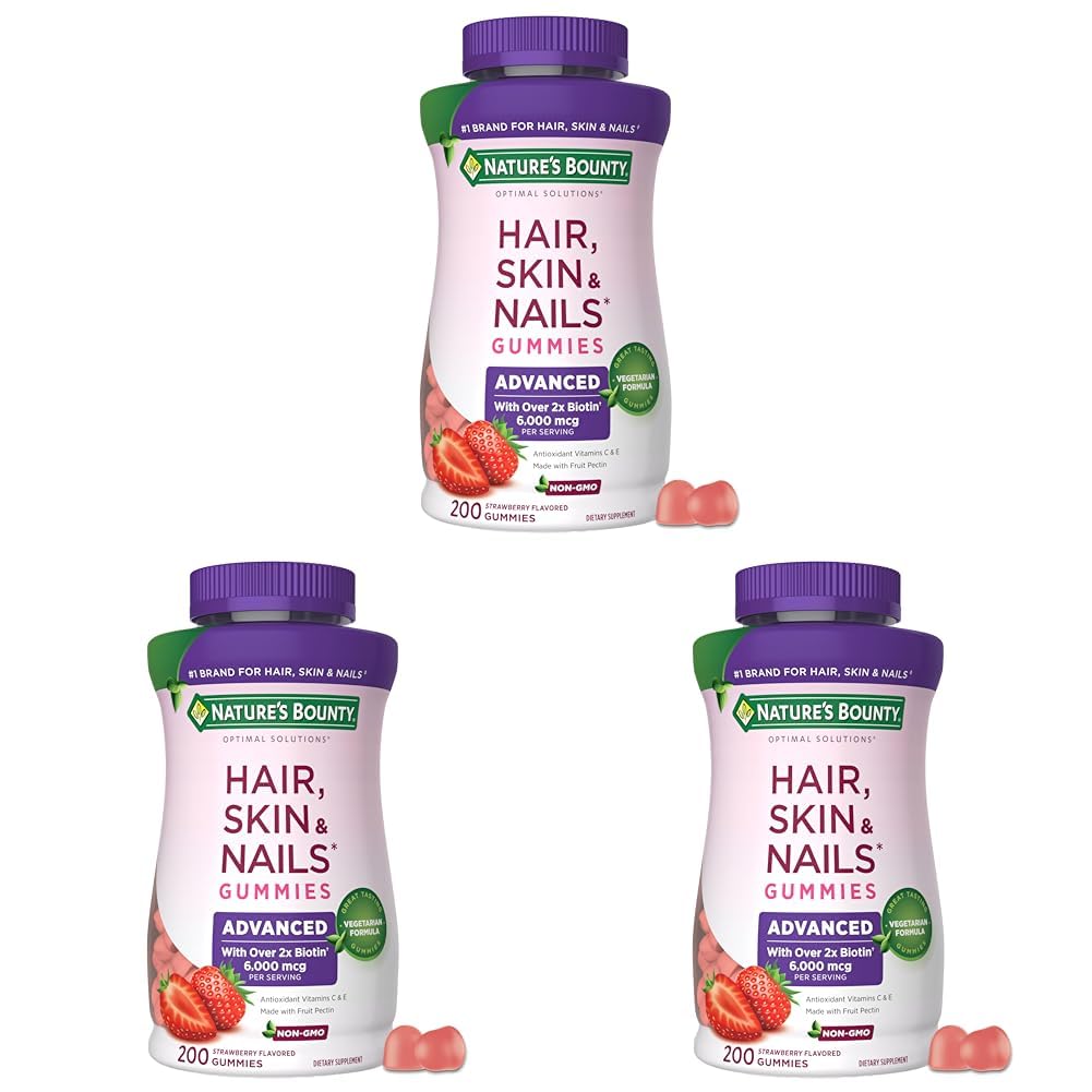 Nature's Bounty Optimal Solutions Advanced Hair, Skin and Nails Pectin Gummies, 2X Biotin Per Serving, No Stick Gummy, Vegetarian Formula, Strawberry Flavor, 200 ct, 100 Total Servings (Pack of 3) Image