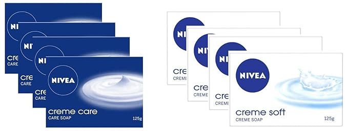 NIVEA Soap, Creme Care, 125g (Pack of 4) and NIVEA Soap, Creme Soft, 125g (Pack of 4)