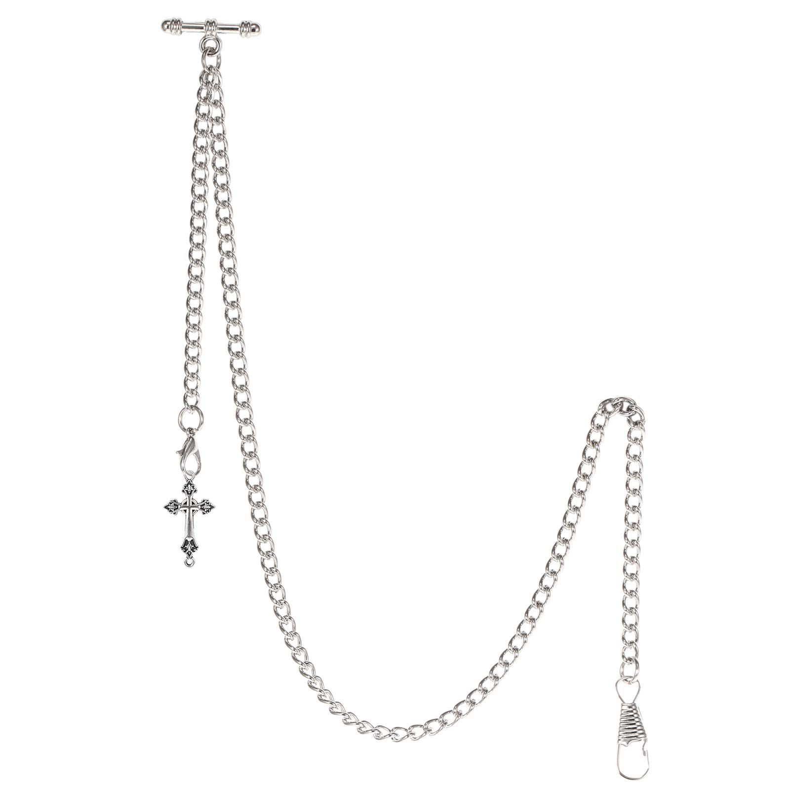 TREEWETO Men's Albert Chain Pocket Watch Curb Link Key Chain 2 Hooks with Antique Cross Silver Pendant Design Charm Fob T Bar