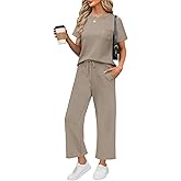 WIHOLL 2 Piece Sets for Women Casual Summer Travel Vacation Outfits Short Sleeve Wide Leg Crop Pants Lounge Sets