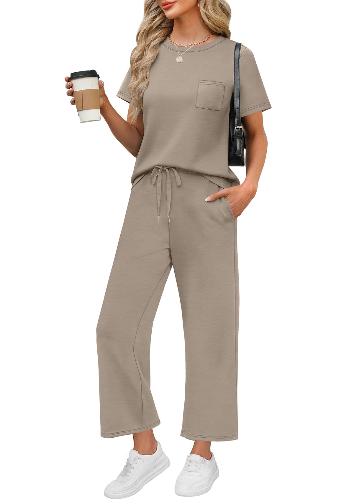 Photo 1 of WIHOLL Summer Outfits for Women 2025 Resort Wear Matching Sets Women Clothing 2 Piece Holiday Beach Vacation Travel Airport Outfit Teacher Lounge Sets Tracksuit Coffee M