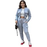 Womens 2 Piece Outfits Tracksuits Zip Up Crop Tops Sweatsuit Long Sleeve Jacket Stacked Jogger Cargo Pants Set with 6 Pockets