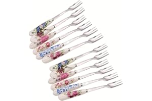 12 Piece Floral Ceramic Handle Fork Set Stainless Steel Salad and Dessert Forks Multi Purpose for Fruit Cake Pastry Appetizer