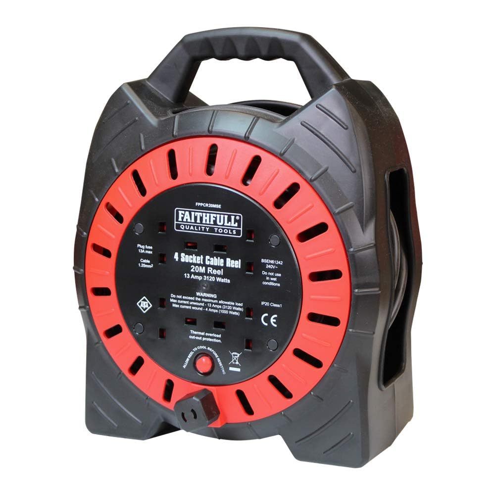 Faithfull FPPCR20MSE 25M 240v Enclosed Cable Reel, Red/Black, 20M