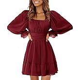 EXLURA Women's 2026 Casual Long Lantern Sleeve Dresses Square Neck Ruffle Tie Back Elastic Waist Aline Short Mini Dress