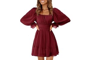 EXLURA Women's 2024 Casual Long Lantern Sleeve Dresses Square Neck Ruffle Tie Back Elastic Waist Aline Short Mini Dress