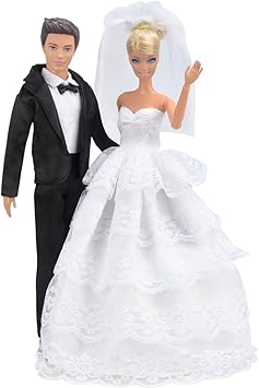 Amazon.com: Paquete de boda E-TING, hermoso vestido de novia con velo y traje formal de novio para muñecos Barbie y Ken: Toys \u0026 Games