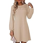 Dokotoo Spring Dresses for Women 2026 Crochet Lace Neck Long Sleeve A Line Shift Dress Flowy Swing Mini Dress