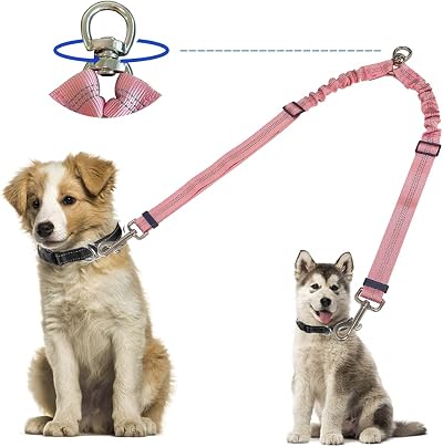 Kelivi Double Dog Lead Coupler 360° Swivel No Tangle 24in Reflective Pink