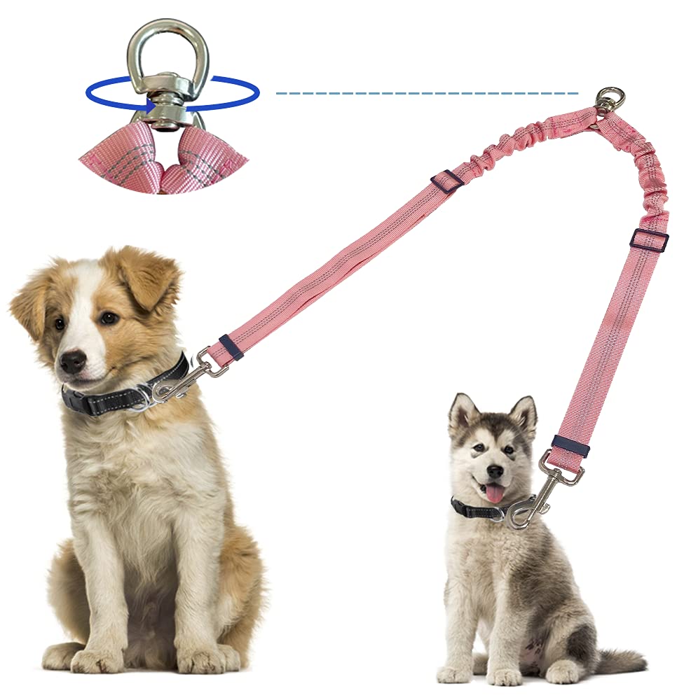 Kelivi Double Dog Lead Coupler, No Tangle 360°Swivel Rotation Two 2 Splitter, Heavy Duty Adjustable Bungee Reflective Dual Leash for Walking Medium Large (Pink)